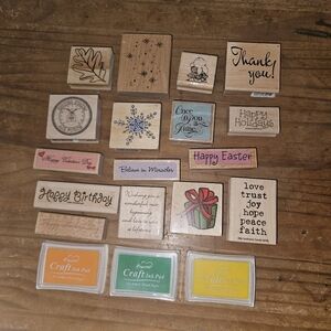 Lot Of 16 Wooden Stamps With 3 Unopened Ink Pads!